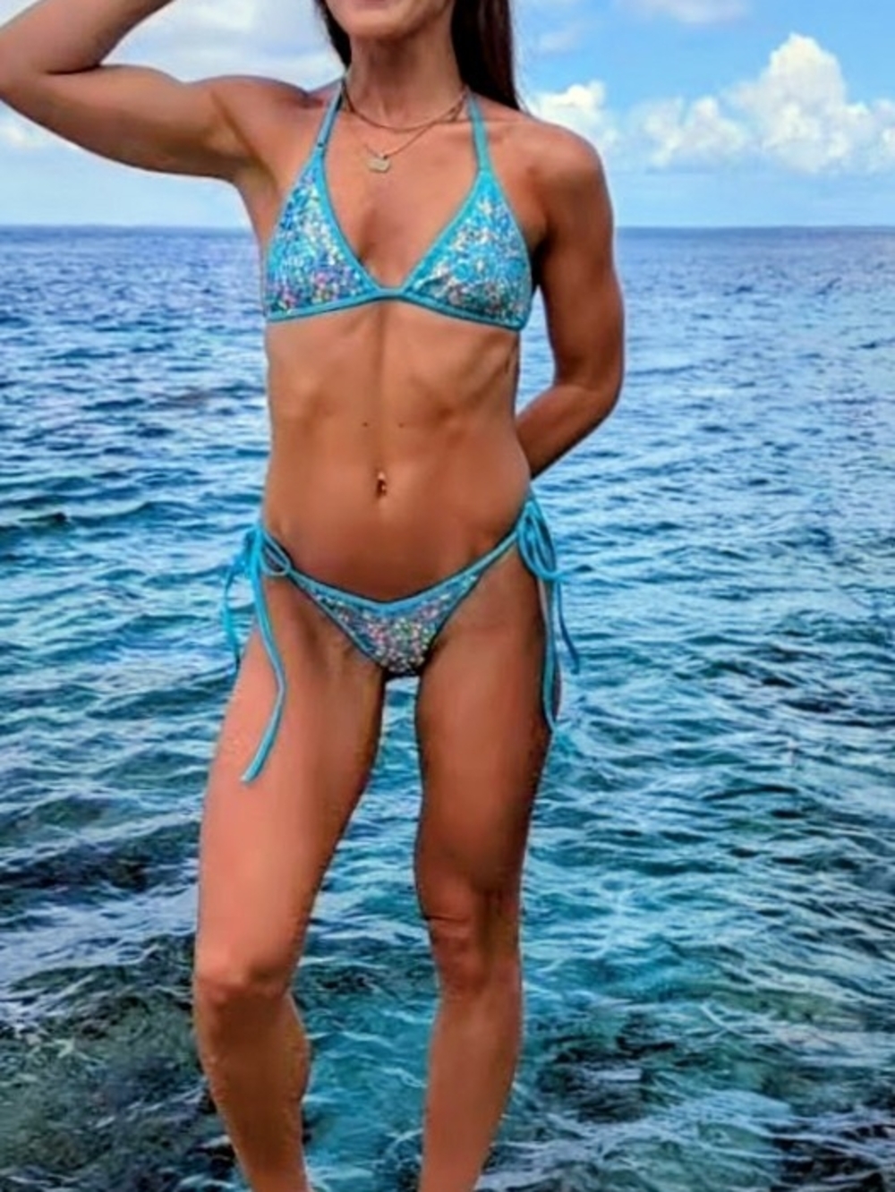 Berry Beachy Sequin Bikini Set Small Turquoise Sparkly Tie Side Swimwear 🩵